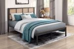 1pc Full Platform Bed, Metal Frame Dark Bronze Finish Faux Cane Panel Headboard Casual Coastal Bedroom Furniture, Bed in a Box