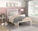 1pc Twin Platform Bed, Metal Frame White Finish Faux Cane Panel Headboard Casual Coastal Bedroom Furniture, Bed in a Box