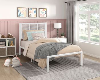 1pc Twin Platform Bed, Metal Frame White Finish Faux Cane Panel Headboard Casual Coastal Bedroom Furniture, Bed in a Box