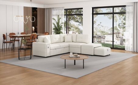 86.6" Sectional Sofa L-shaped Sofa Couch Pull-out Sofa Bed with a Movable Ottoman, Two USB Ports and Two Cup Holders for Living Room, Beige