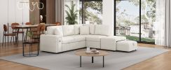 86.6" Sectional Sofa L-shaped Sofa Couch Pull-out Sofa Bed with a Movable Ottoman, Two USB Ports and Two Cup Holders for Living Room, Beige