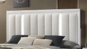 1pc Queen Size LED Light Linen Look Fabric Upholstered Headboard Panel Bed White Finish Solid Wood Wooden Bedroom Furniture