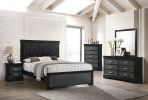 Modern 1pc Black Finish Queen Size Panel Bed Wooden Fabric Upholstered Headboard Crystal-Like Button Tufted Fabric Bedroom Furniture