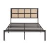 1pc Queen Platform Bed, Metal Frame Dark Bronze Finish Faux Cane Panel Headboard Casual Coastal Bedroom Furniture, Bed in a Box