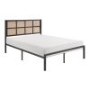 1pc Queen Platform Bed, Metal Frame Dark Bronze Finish Faux Cane Panel Headboard Casual Coastal Bedroom Furniture, Bed in a Box