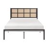 1pc Queen Platform Bed, Metal Frame Dark Bronze Finish Faux Cane Panel Headboard Casual Coastal Bedroom Furniture, Bed in a Box