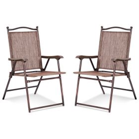 Set of 2 Patio Folding Sling Back Camping Deck Chairs (Color: Brown)