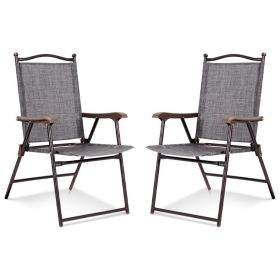 Set of 2 Patio Folding Sling Back Camping Deck Chairs (Color: Gray)