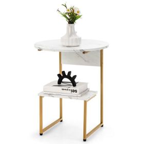 Living Room Bedroom Decor Mobile Sofa End Side Table (Color: White & Gold)