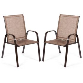 2 Pieces Patio Outdoor Dining Chair with Armrest (Color: Brown)